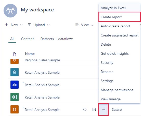 Create report from Excel in Power BI service