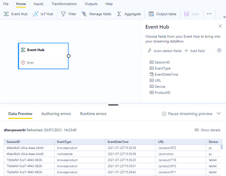 Power BI Streaming Dataflow