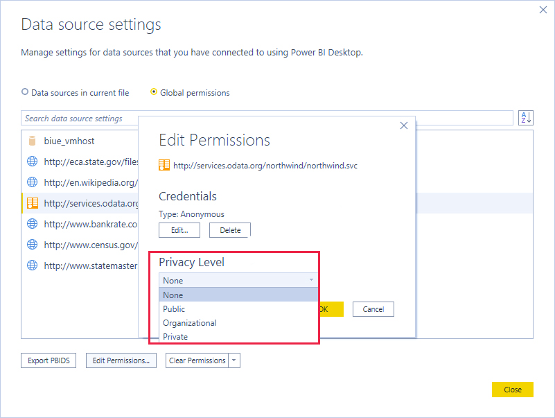 Power BI Desktop privacy levels