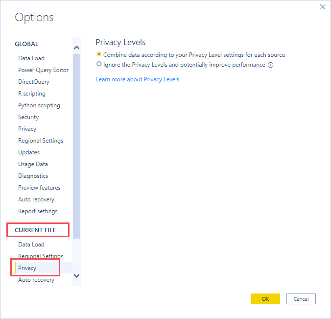 Power BI Desktop privacy levels