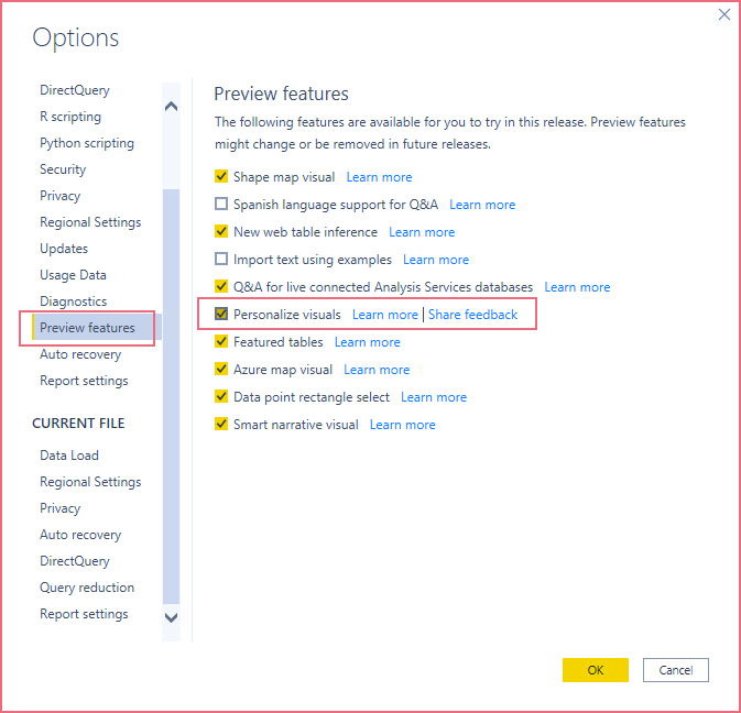 Power BI Personalize Visuals