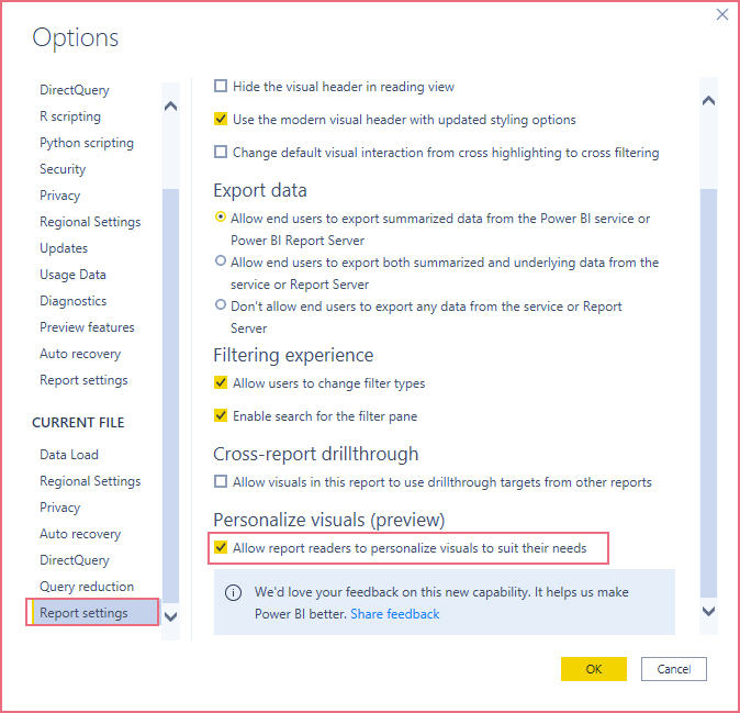 Power BI Personalize Visuals